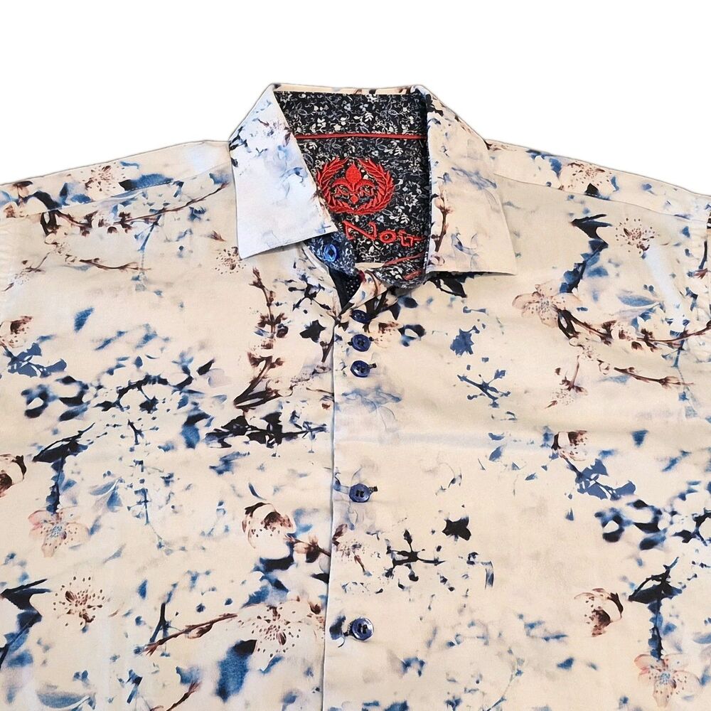 Au Noir Shirt Men Size 3 White Blue Floral Orchid Long Sleeve Button 100% Cotton